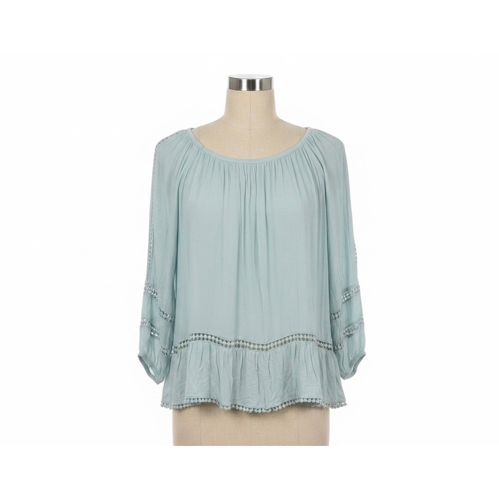 Fever Boho Peasant Blouse Light Blue Lace Trim Ruffle Hem Large